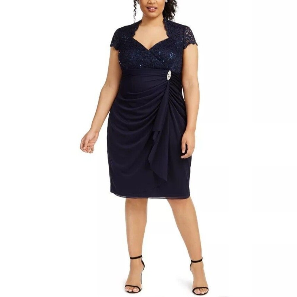 Betsy & Adam Womens Plus 14W Black Lace Short Sleeve Knee Length Dress NWT BG18